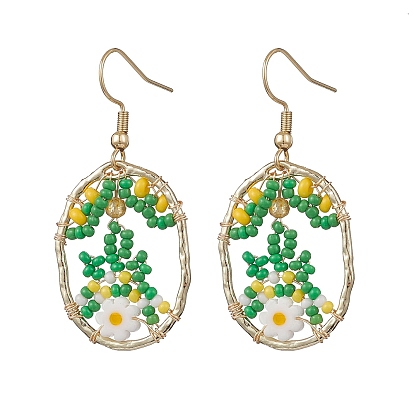 Серьги-подвески в виде цветка с овальным стеклом, с крючками для серьги из сплава и 304 нержавеющей стали, золотые