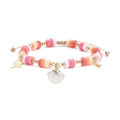 Polymer Clay Heishi Surfer Braided Bead Bracelet, Preppy Bracelet with Fish & Shell Alloy Enamel Charm for Women