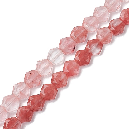 Cuentas de vidrio de cuarzo de cereza hebras, corte hexagonal facetado, hexágono