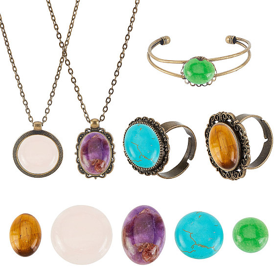 Набор для самостоятельного изготовления комплекта украшений из смешанных натуральных камней, включая настройку подвески из сплава, ожерелья из железной цепи и кольца на пальцах, латуни браслет, натуральные и синтетические смешанные каменные кабошоны