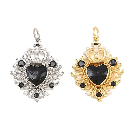 Brass Micro Pave Black Cubic Zirconia Pendants, with Black Enamel & ABS Plastic Imitation Pearl, Heart with Crown Charms, Cadmium Free & Lead Free, Rack Plating, Long-Lasting Plated