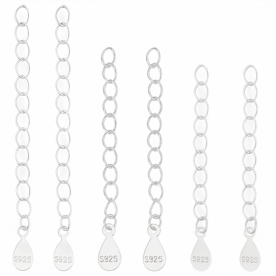 6 pièces 3 styles 925 chaînes d'extension torsadées en argent sterling, avec des charmes de larme, avec cachet 925, 1 Chiffon à polir l'argenterie en tissu