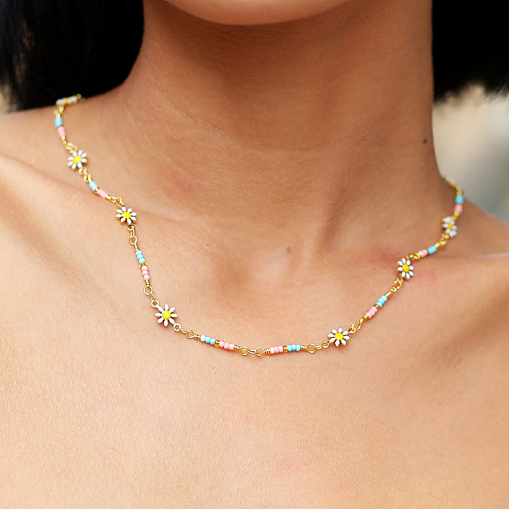 Богемный пляжный отдых латунная эмаль подсолнечник цепочка ручной работы ожерелья женские свидание подарок, золотые