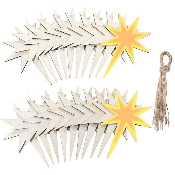 40шт. незаконченных деревянных подвесок в форме звезд для художественной росписи, пирография, домашнего декора, с джутовым шнуром 40шт.