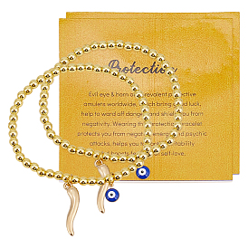 2шт. браслеты с подвесками из нержавеющей стали, Женские браслеты из синтетического немагнитного гематита с гальваническим покрытием и эластичными бусинами, рог и дурной глаз