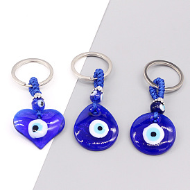 Blue Glass Devil Eye Pendant with Heart-shaped Water Drop and Keychain