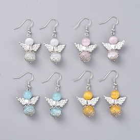 Cat Eye Dangle Earrings, with Silver Plated Alloy Beads, Platinum Plated Brass Bead Caps and Brass Earring Hooks, Angel