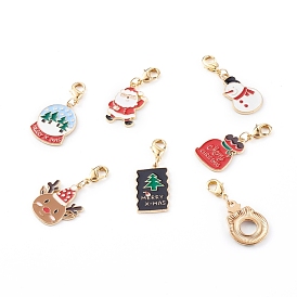 Christmas Themed Alloy Enamel Pendants, with Brass Lobster Claw Clasps, Mixed Shapes