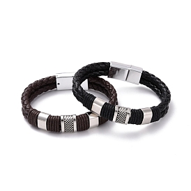 Retro Leather Braided Cord Bracelet for Men, Rectangle Alloy Beads Bracelet with Magnetic Clasps, Antique Silver