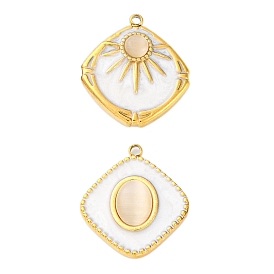 304 подвески из нержавеющей стали, ромб, со стеклом, имитирующим кошачий глаз, и эмалью, ионное покрытие (ip), реальный 18 k позолоченный