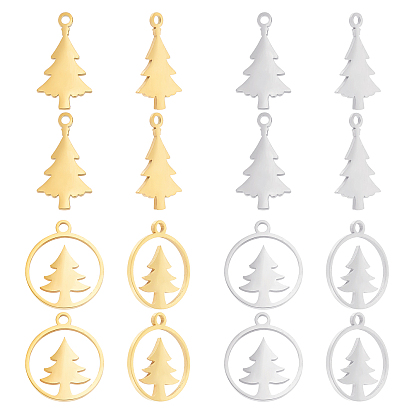 16Pcs 2 Style 201 Stainless Steel Hollow Pendants, Ring with Christmas Tree & Christmas Tree