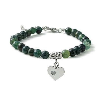 Natural Gemstone Beaded Bracelets, Heart 304 Stainless Steel Charms Bracelets for Women