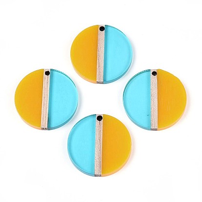 Подвески из прозрачной смолы и дерева, плоско-круглые, два тона