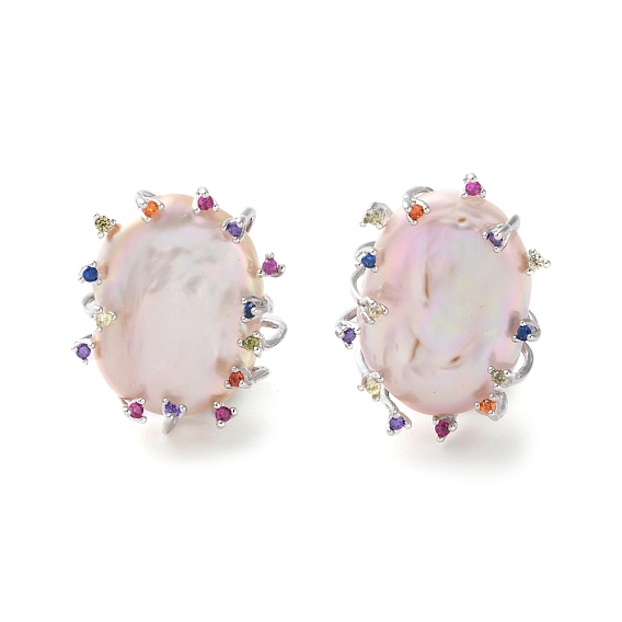 925 Sterling Silver Natural Pearl Stud Earrings, with Clear Cubic Zirconia, Oval