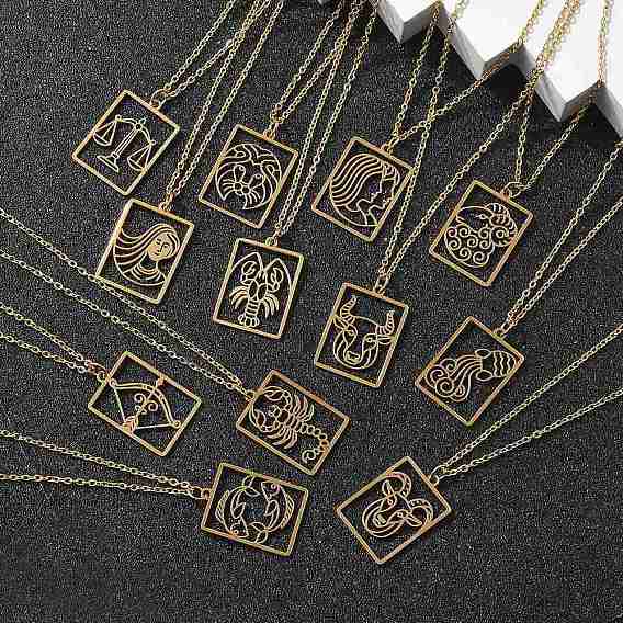 304 ожерелье нержавеющей стали, реальный 18 k позолоченный, выдолбить квадратную пластину с изображением двенадцати созвездий