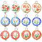 12Pcs 6 Styles Handmade Printed Porcelain Pendants, with Iron Findings, Flat Round with Flower Charms, Platinum