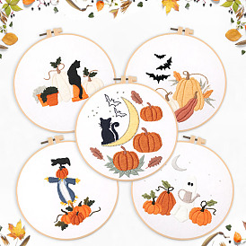 DIY Halloween Theme Embroidery Kits, Including Printed Cotton Fabric, Embroidery Thread & Needles, Cat/Ghost/Pumpkin Pattern