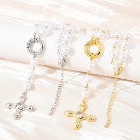 Подвеска в виде креста из латуни с прозрачными кубическими циркониями и цепочкой ручной работы из искусственного жемчуга ABS., долговечный, стойки покрытие, без свинца и без кадмия, белые