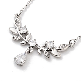 201 Stainless Steel Cable Chain Necklaces, Brass Clear Cubic Zirconia Leaf Teardrop Pendant Necklaces