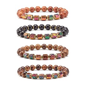 Bracelet extensible perles rondes bois naturel, pierre de lave naturelle et perles d'hématite synthétiques non magnétiques bracelet de puissance d'énergie pour les femmes