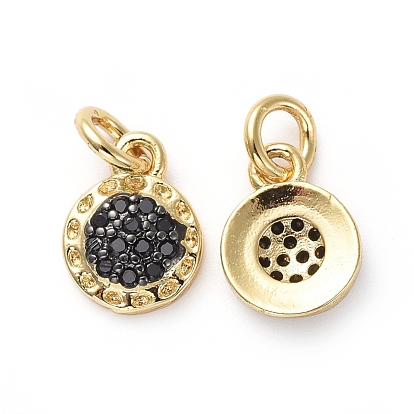 Brass Micro Pave Black Cubic Zirconia Charms, with Jump Rings, Flat Round