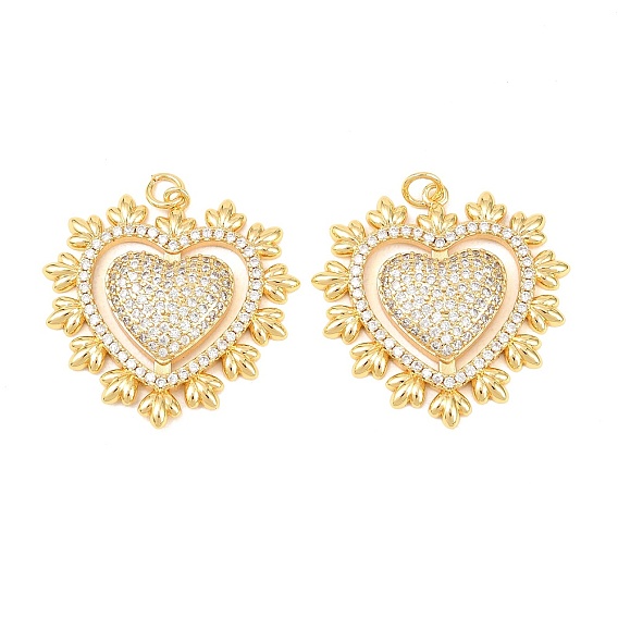 Brass Micro Pave Clear Cubic Zirconia Pendants, Heart Charms, Rack Plating, Long-Lasting Plated, Lead Free & Cadmium Free
