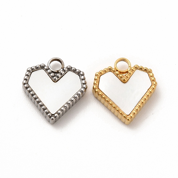 Vacuum Plating 304 Stainless Steel Heart Charms, with White Shell