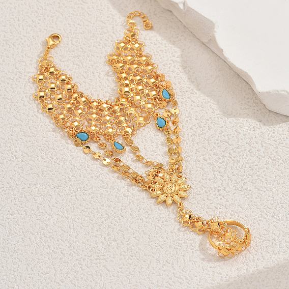 Браслеты в стиле бохо из сплава с подсолнухами и кольцами для пальцев, плоские пайетки цепочки браслеты для женщин, с синтетическими бирюзовый
