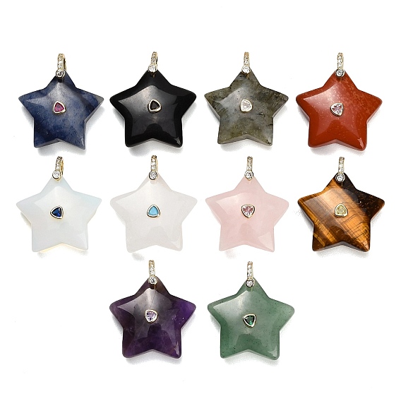 Natural Gemstone Pendants, Star Charms, with Brass Pave Cubic Zirconia Findings, Golden
