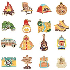 15Pcs 15 Styles Outdoor Holiday Theme Enamel Pins, Alloy Lapel Pin Backs for Backpack Clothes, Golden