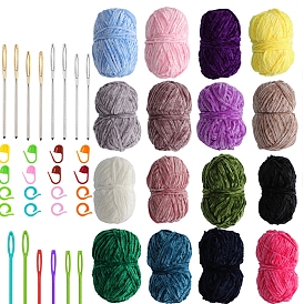 DIY Knitting Tool Kit, with Chenille Yarn & Stitch Marker, for Blanket Pillows Craft Crochet Yarns