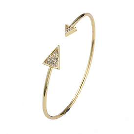 Bracelet manchette ouvert triangle zircone cubique, bijoux en laiton plaqué or véritable 18k pour femmes