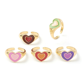 Brass Enamel Cuff Rings, Open Rings, Heart, Golden