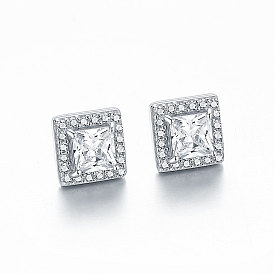 Square Gemstone and Cubic Zirconia Women's Earrings in S925 Silver, Non-Fading Birthstone Studs.
