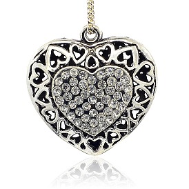 Hollow Antique Silver Plated Alloy  Rhinestone Heart Pendants, 44x44x15mm, Hole: 3mm