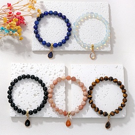 Natural Gemstone Beaded Stretch Bracelets, with Teardrop Charm