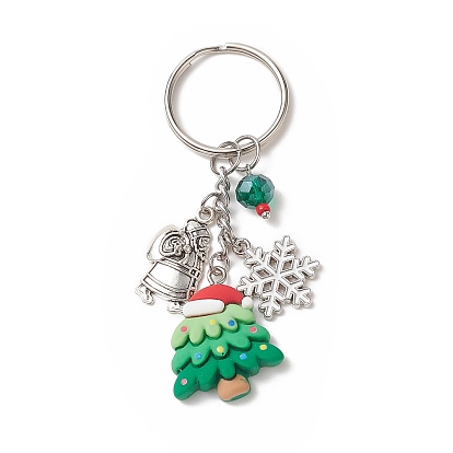 Christmas Theme Resin Keychains, with Alloy Enamel Pendants and Glass Beads and Iron Rings, Snowflake & Christmas Tree