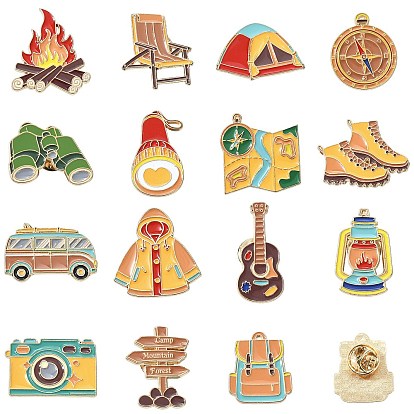15Pcs 15 Styles Outdoor Holiday Theme Enamel Pins, Alloy Lapel Pin Backs for Backpack Clothes, Golden