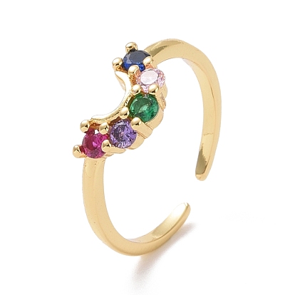 Colorful Cubic Zirconia Crescent Moon Open Cuff Ring, Brass Jewelry for Women, Cadmium Free & Lead Free