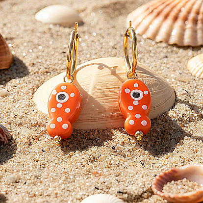 304 Stainless Steel Hoop Earrings for Women, Fish, Handmade Procelain Dangle Earrings, Golden