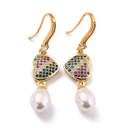 Heart with Imitation Pearl Beads Sparkling Cubic Zirconia Dangle Earrings for Her, Real 18K Gold Plated Brass Earrings