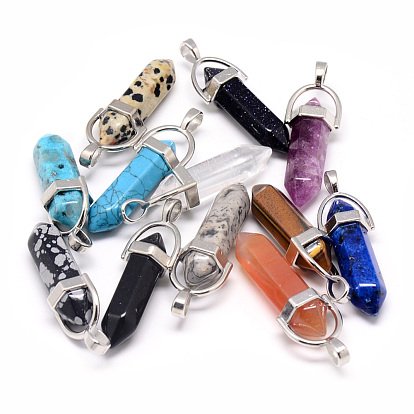 Natural & Synthetic Mixed Stone Double Terminated Pointed Pendants, with Brass Findings, Bullet, Platinum
