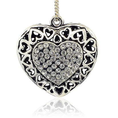 Hollow Antique Silver Plated Alloy  Rhinestone Heart Pendants, 44x44x15mm, Hole: 3mm