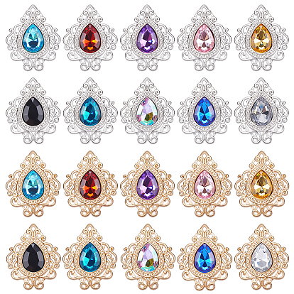 40Pcs 20 Style Zinc Alloy Cabochons, with Faceted Acrylic Rhinestone, Teardrop
