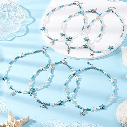 6 шт. 6 стили сплав морские животные подвеска натуральный кварцевый кристалл и немагнитный синтетический гематит и бирюзовые бусины ожерелья