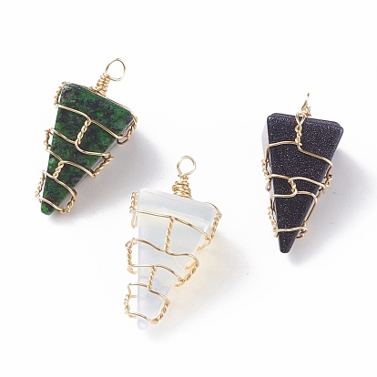 Pendentifs de pierres précieuses naturelles et synthétiques, avec fil de cuivre doré enroulé, pyramide