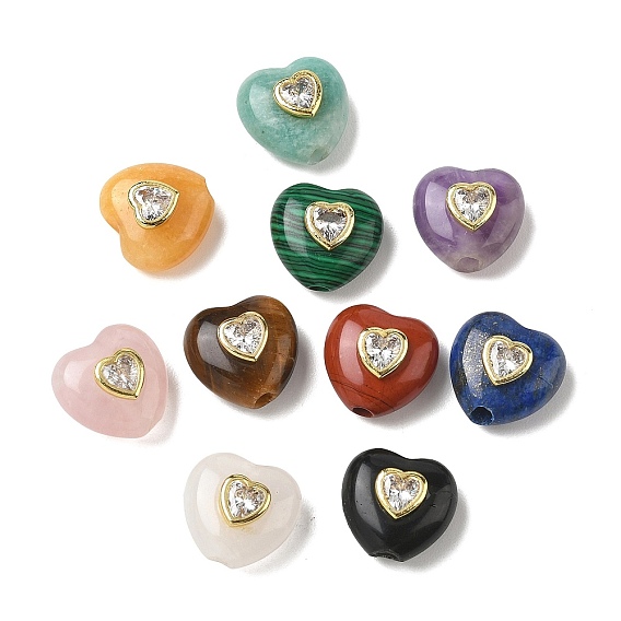 Natural & Synthetic Mixed Gemstone Beads, Heart, with Brass Micro Pave Clear Cubic Zirconia Findings, Golden, Mixed Dyed and Undyed