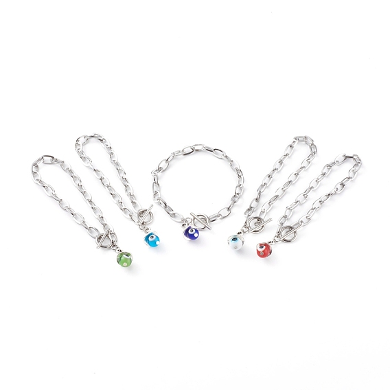 Lampwork Charm Bracelets, with 304 Stainless Steel Cable Chains and Alloy Charms, Witch Hat with Evil Eye, Mixed Color
