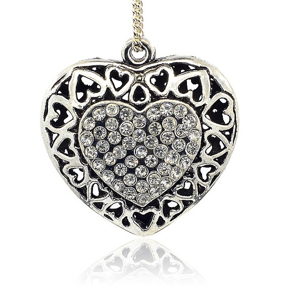 Hohl antik versilbert Legierung Strass-Herzanhänger, 44x44x15 mm, Bohrung: 3 mm