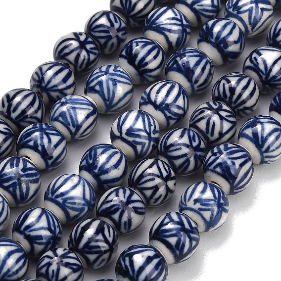 Handmade Porcelain Beads Strands, Blue and White Porcelain, Round with Flower